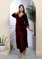 Miravan Women's Maroon Velvet Sequence Work Straight Kurta With Palazzo
