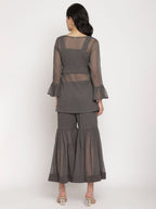 Ahalyaa Women Charcoal Grey Poly Chiffon Angrakha Kurta with Inner & Sharara - Distacart