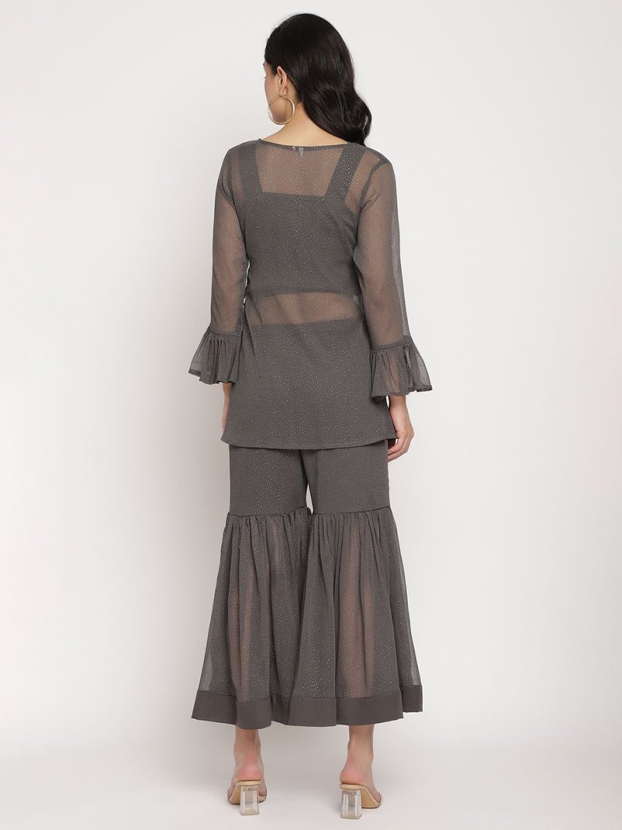 Ahalyaa Women Charcoal Grey Poly Chiffon Angrakha Kurta with Inner & Sharara - Distacart