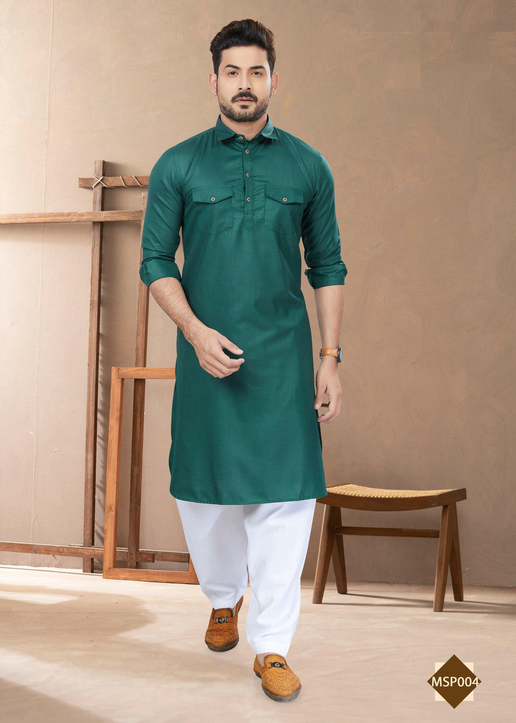 Joban Fashion Men's Green Heavy Cotton Plain Kurta Pyjama set