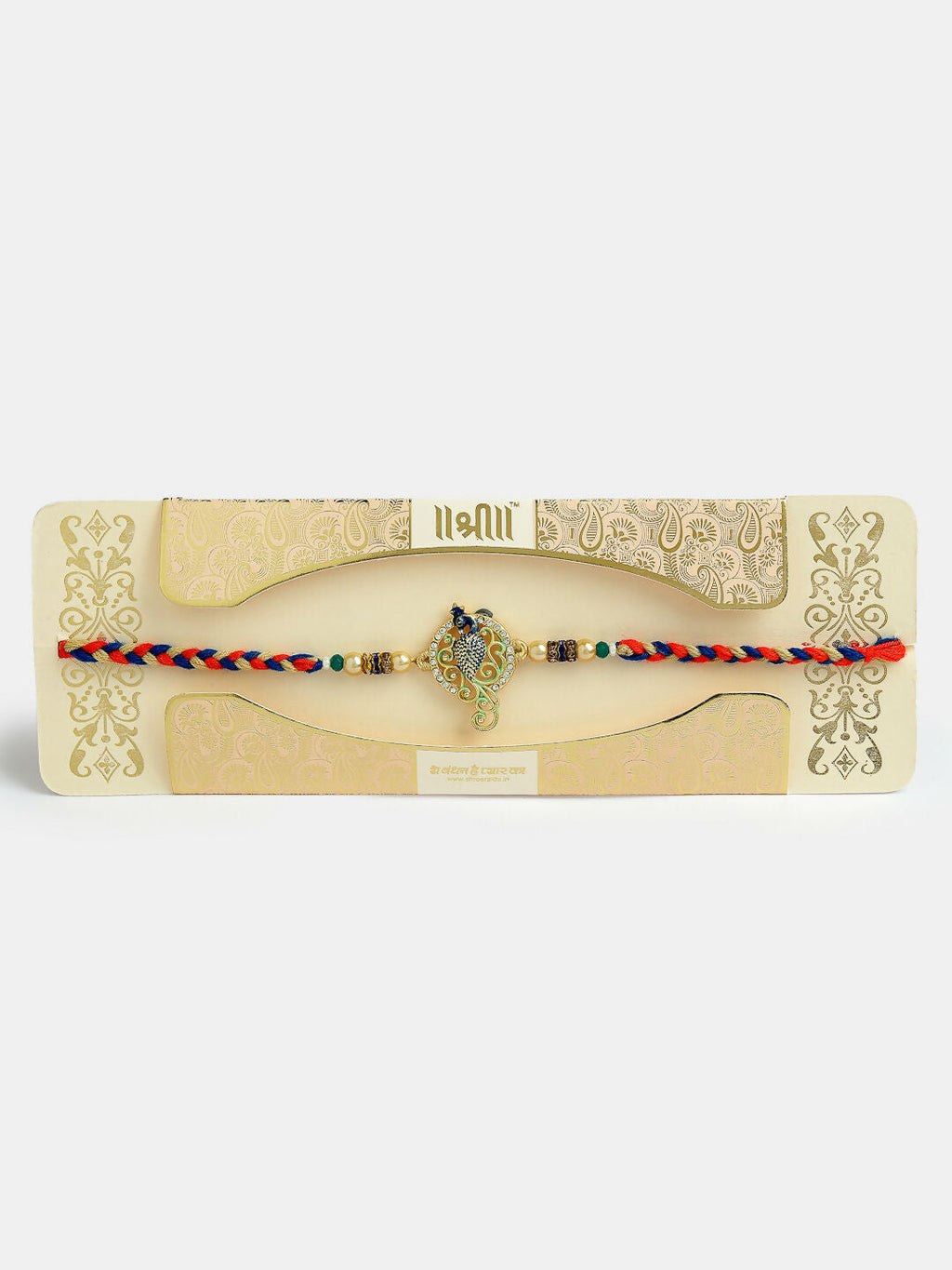 NVR Men Gold-Toned Peacock Design Stone-Studdded Rakhi With Roli Chawal & Chocolate - Distacart