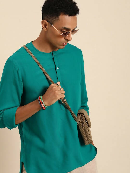 Sea Green Men Rayon Solid Opaque Casual Shirt - Mahotsav