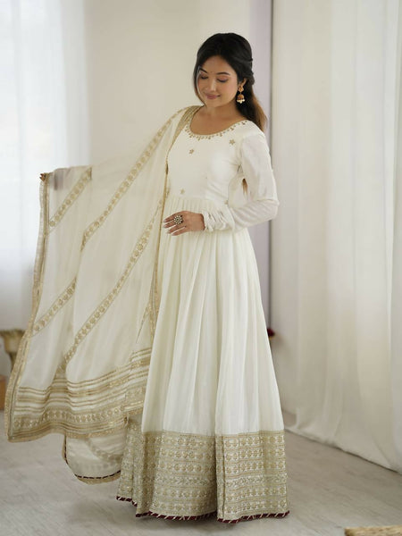 The52 Women's Gorgeous Chinon Silk Fabric Embroidery Work Flared Anarkali Pant and Dupatta Set