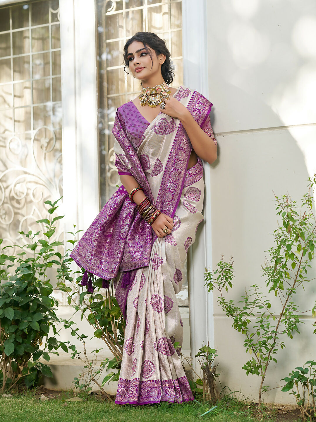 Shree Shyam Fashion Cream With Purple Silk Blend Saree - Distacart
