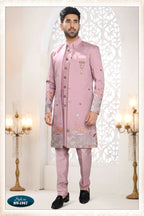 Joban Fashion Men's Pink Straight Silk Thread And Sequence Embroidery All Over 3 Pc Kurta Set