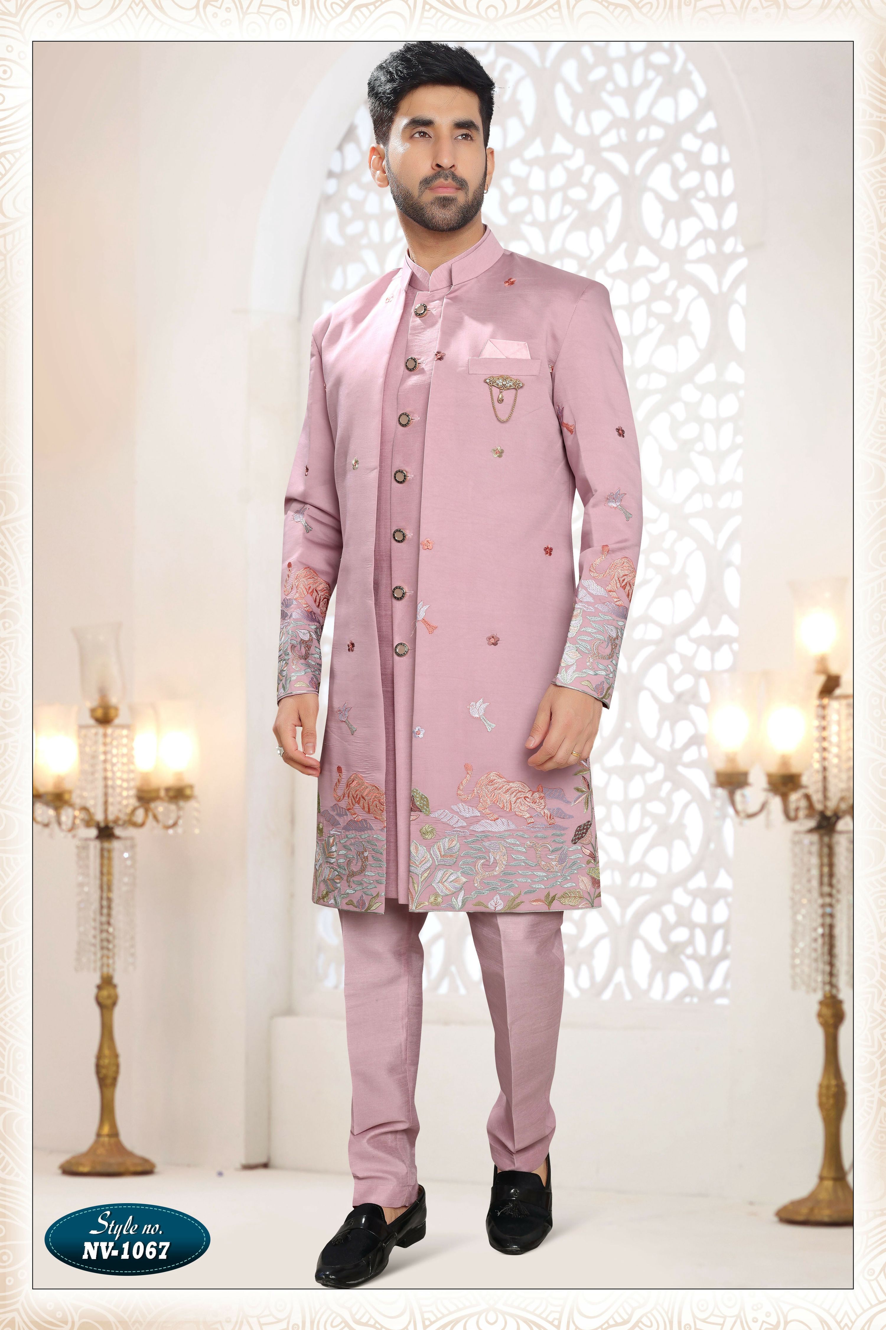 Joban Fashion Men's Pink Straight Silk Thread And Sequence Embroidery All Over 3 Pc Kurta Set