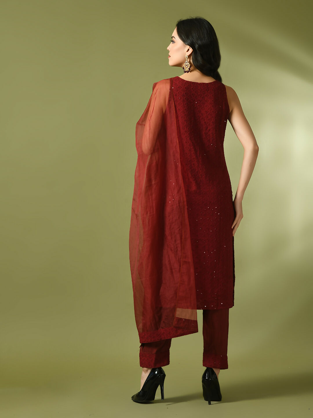 Myshka Women's Maroon Embroidered Cotton Straight Party Kurta Set With Dupatta