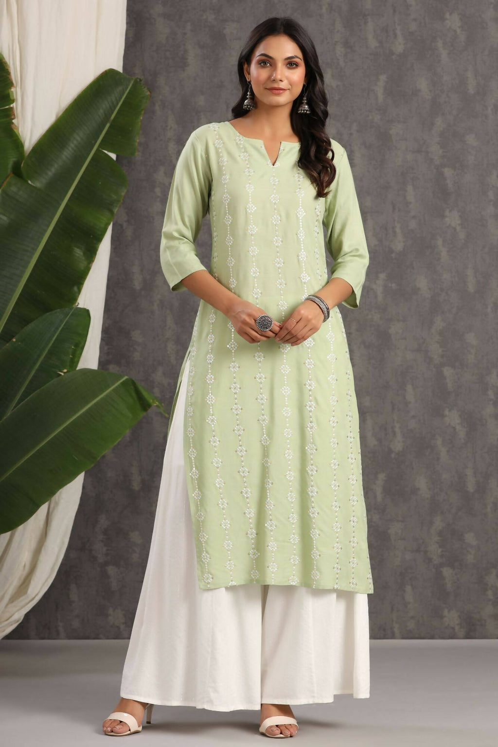 Juniper Women Lightolive Rayon Embroidered Straight Kurta - Distacart