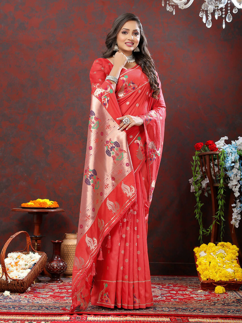 Lorenvalley Fashion Red Soft Paithani Silk Woven Design Copper Zari Meenakari Weaving Saree