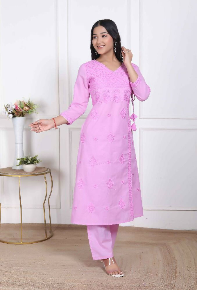 Miravan Womens Pink Lucknowi Angrakha Style Kurta With Palazzo - Distacart