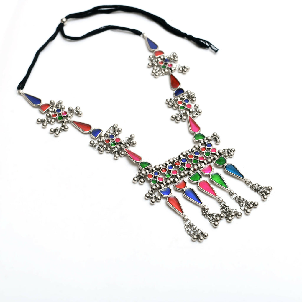 Mominos Fashion Johar Kamal Oxidised Silver-Plated Meenakari Multi Long Necklace Set For Women - Distacart