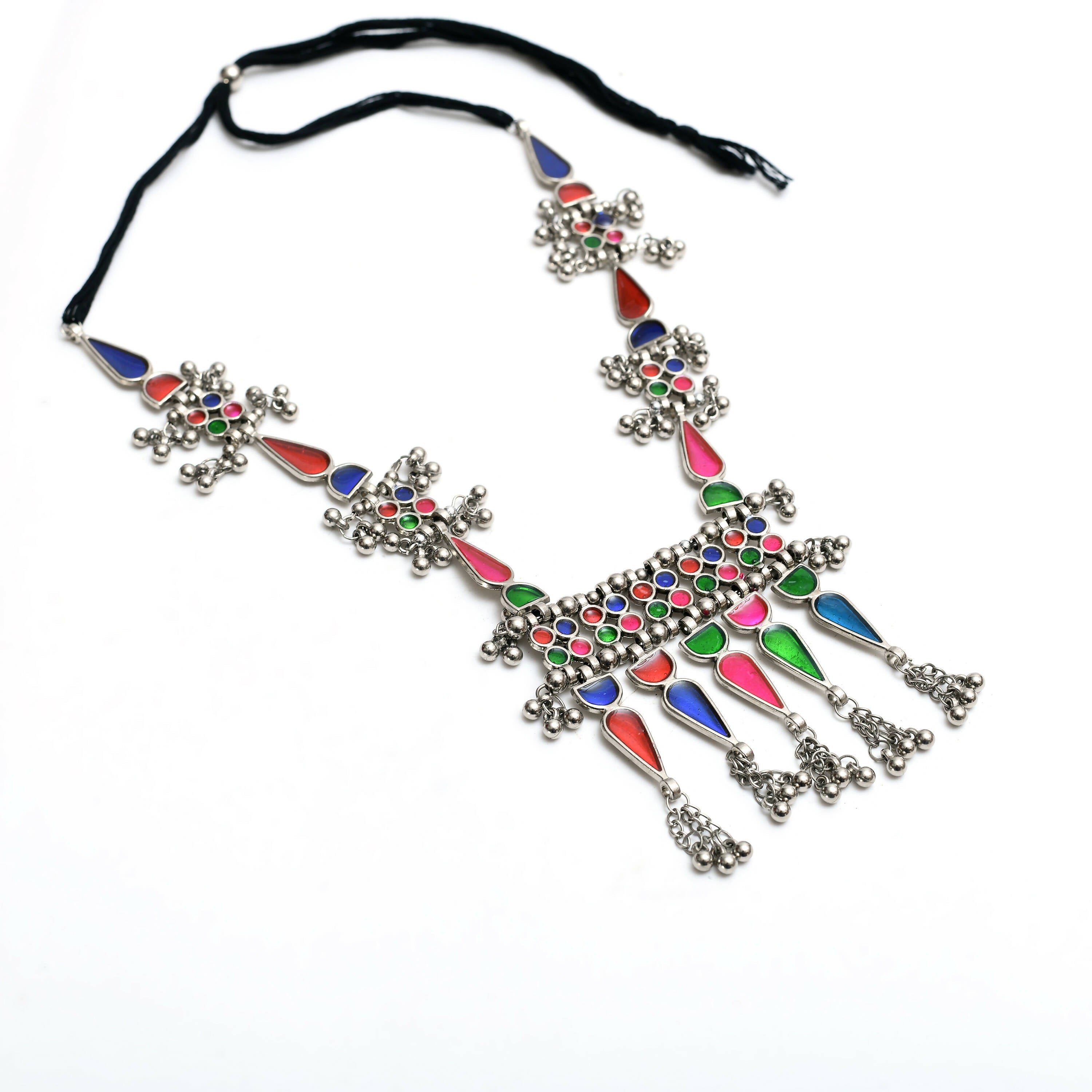 Mominos Fashion Johar Kamal Oxidised Silver-Plated Meenakari Multi Long Necklace Set For Women - Distacart