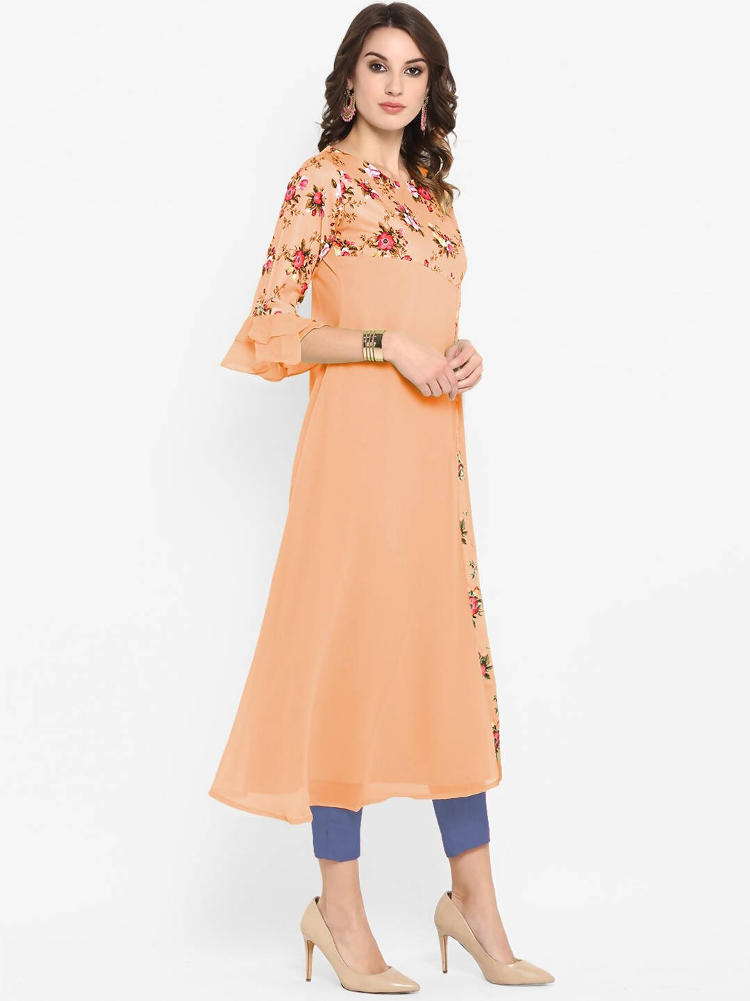 Janasya Peach-Coloured & Green Floral Printed Bell Sleeves Kurta - Distacart
