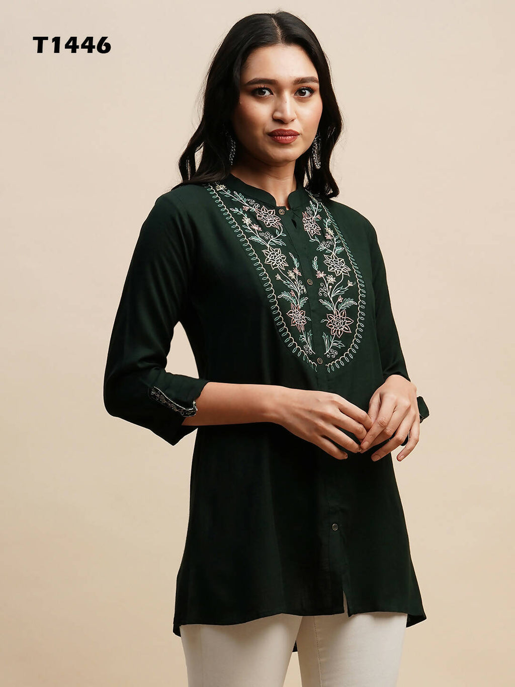 Dark Green Rayon Embroidered Top - Tarini