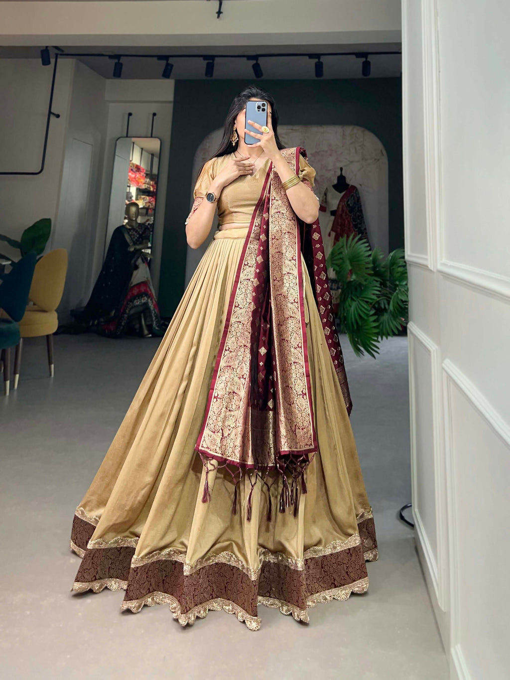 Vastranavya Traditional Jacquard Vichitra Silk Lehenga Choli - Chiku