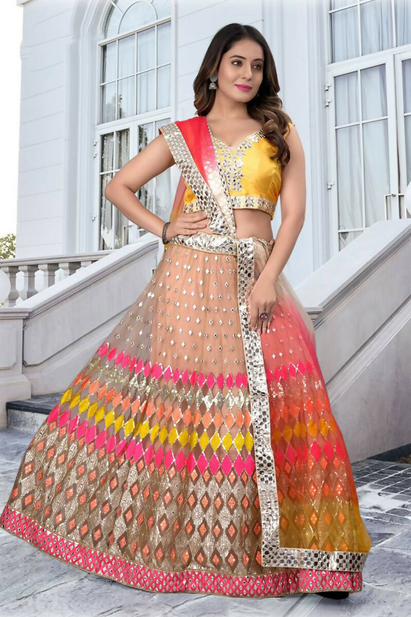 Jyoti Fashion Multicolor Mirror & Sequence Embroidery Butterfly Net Lehenga Choli with Dupatta