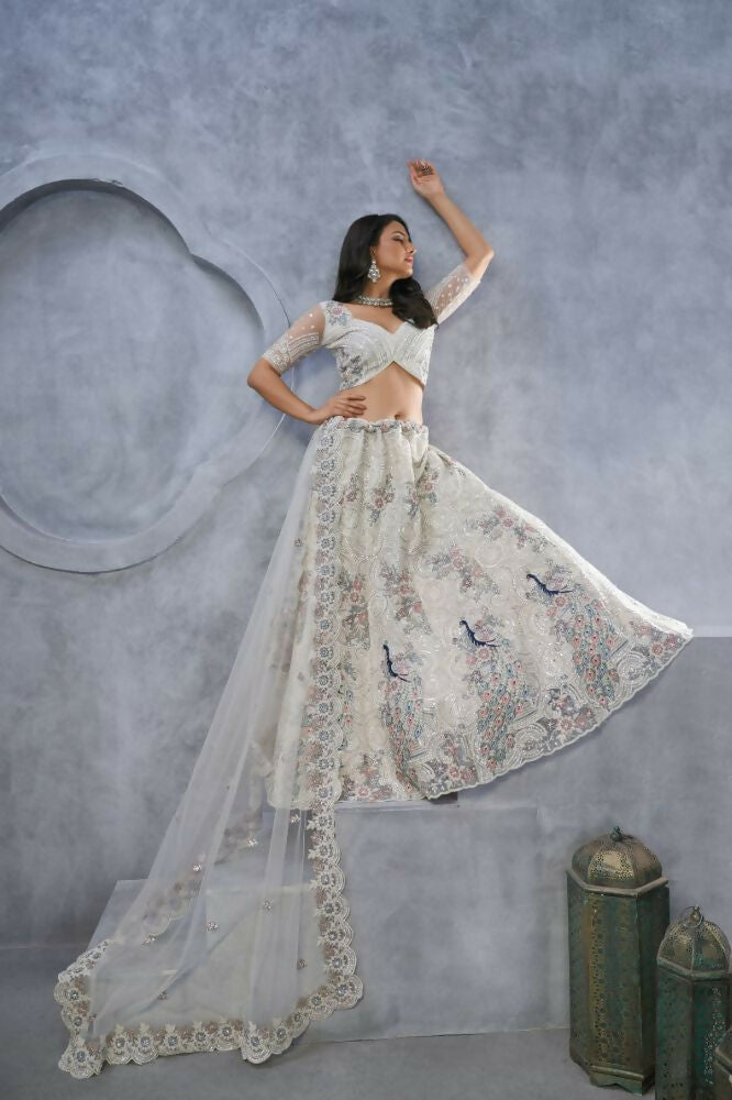 Kesar Fab Ivory Net Embroidered Lehenga