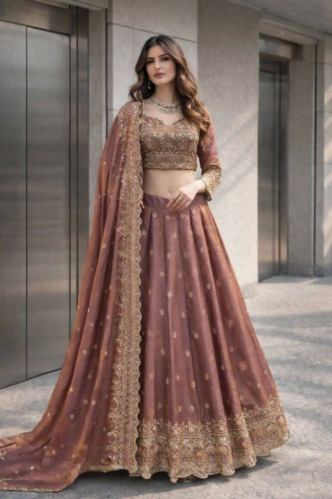 Teeya Creation Onion Color Fendy Satin Heavy Embroidery Work Wedding Wear Stitched Lehenga Choli - Distacart
