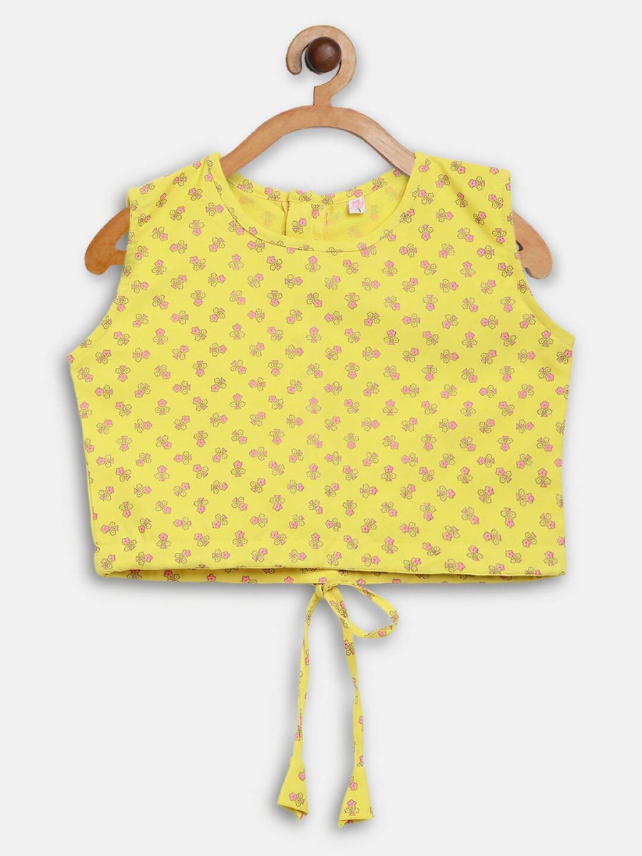 Ahalyaa Yellow Viscose Rayon Printed Kids Top & Palazzo Sets With Jacket For Girls
