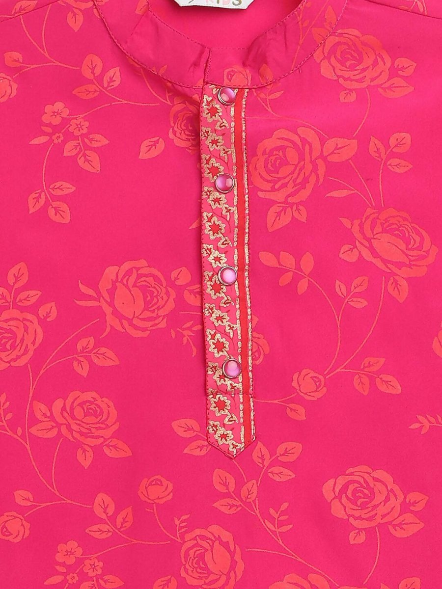 Ahalyaa Pink Crepe Orange Khari Print Kids Kurta Churidar Set For Boys
