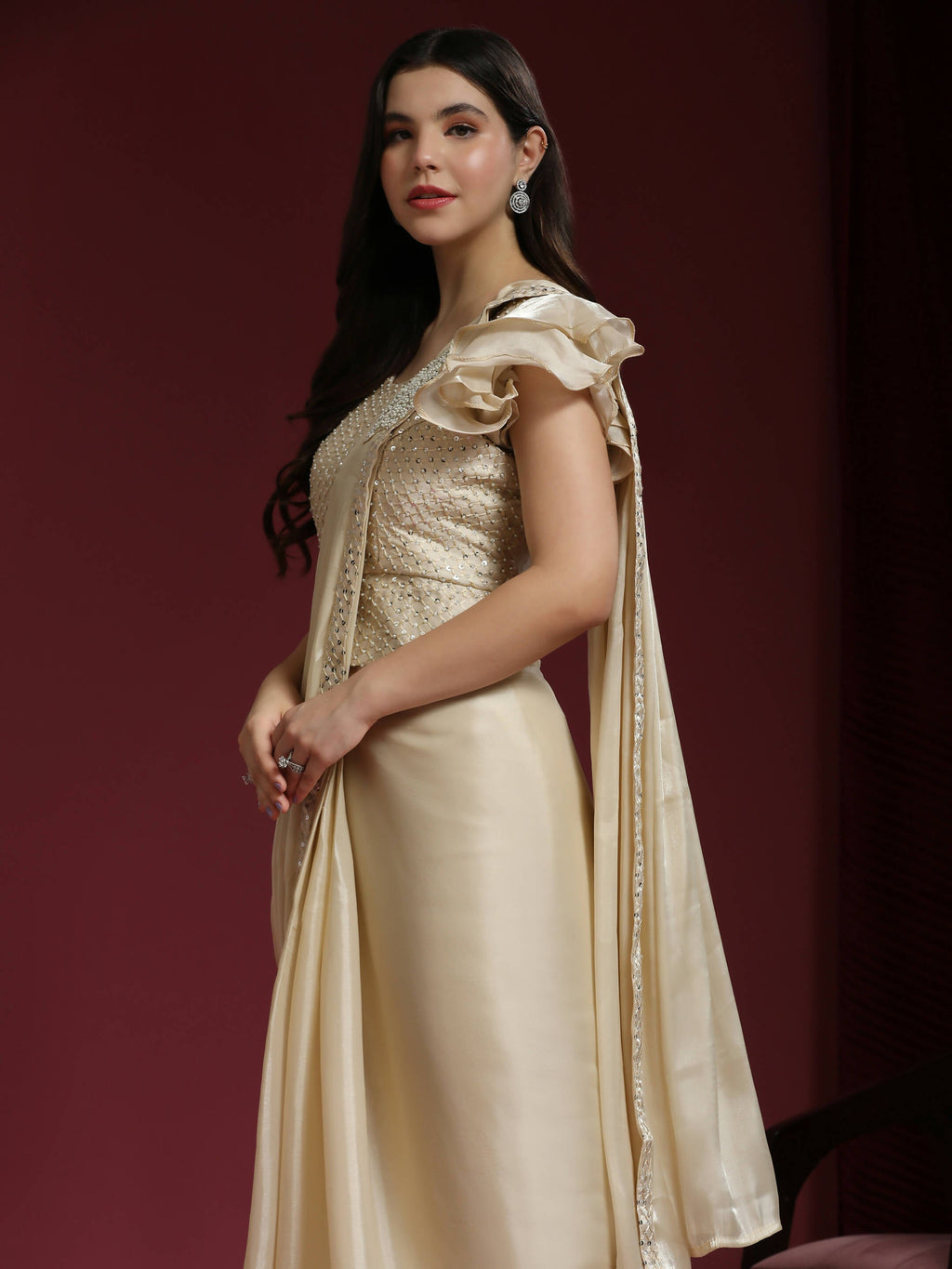 Beige Silk Satin Sequence Work Ready to Wear Saree with stitched Blouse - Nirvana