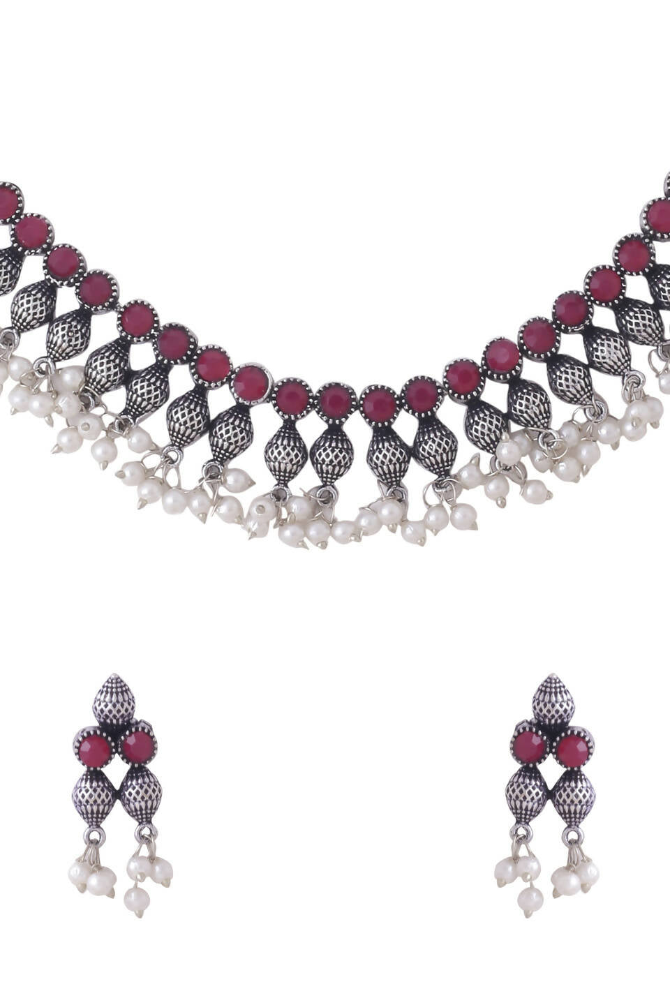 NVR Women Silver-Plated Stone Studded Oxidised Silver Jewellery Set