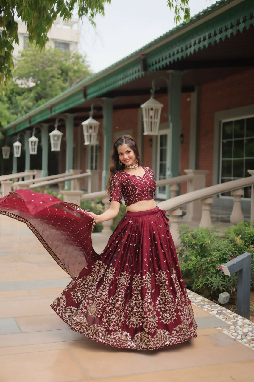 Vastranavya Designer Heavy Sequins & Thread Embroidered work Lehenga Choli - Maroon