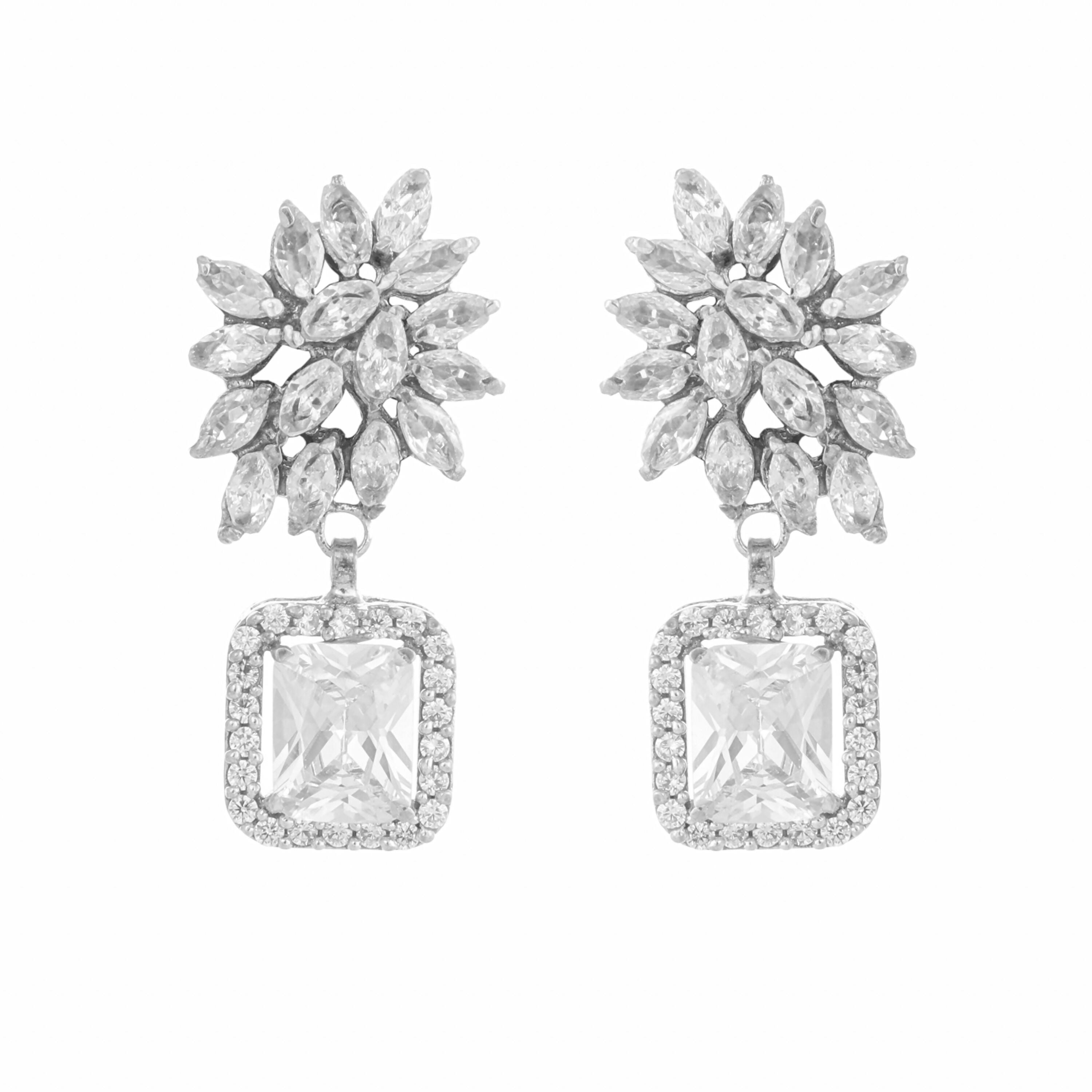 Nuyug Rhodium-Plated Rhinestone Studded Floral Minimal Cotemporary Studs - Distacart