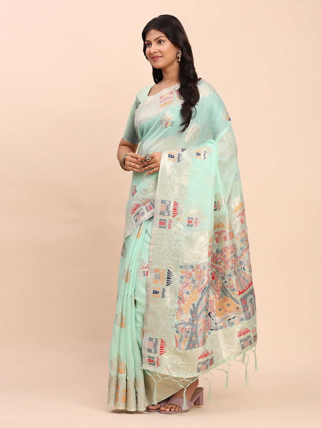 Shree Shyam Fashion Linen Cotton Sea Green Saree - Distacart