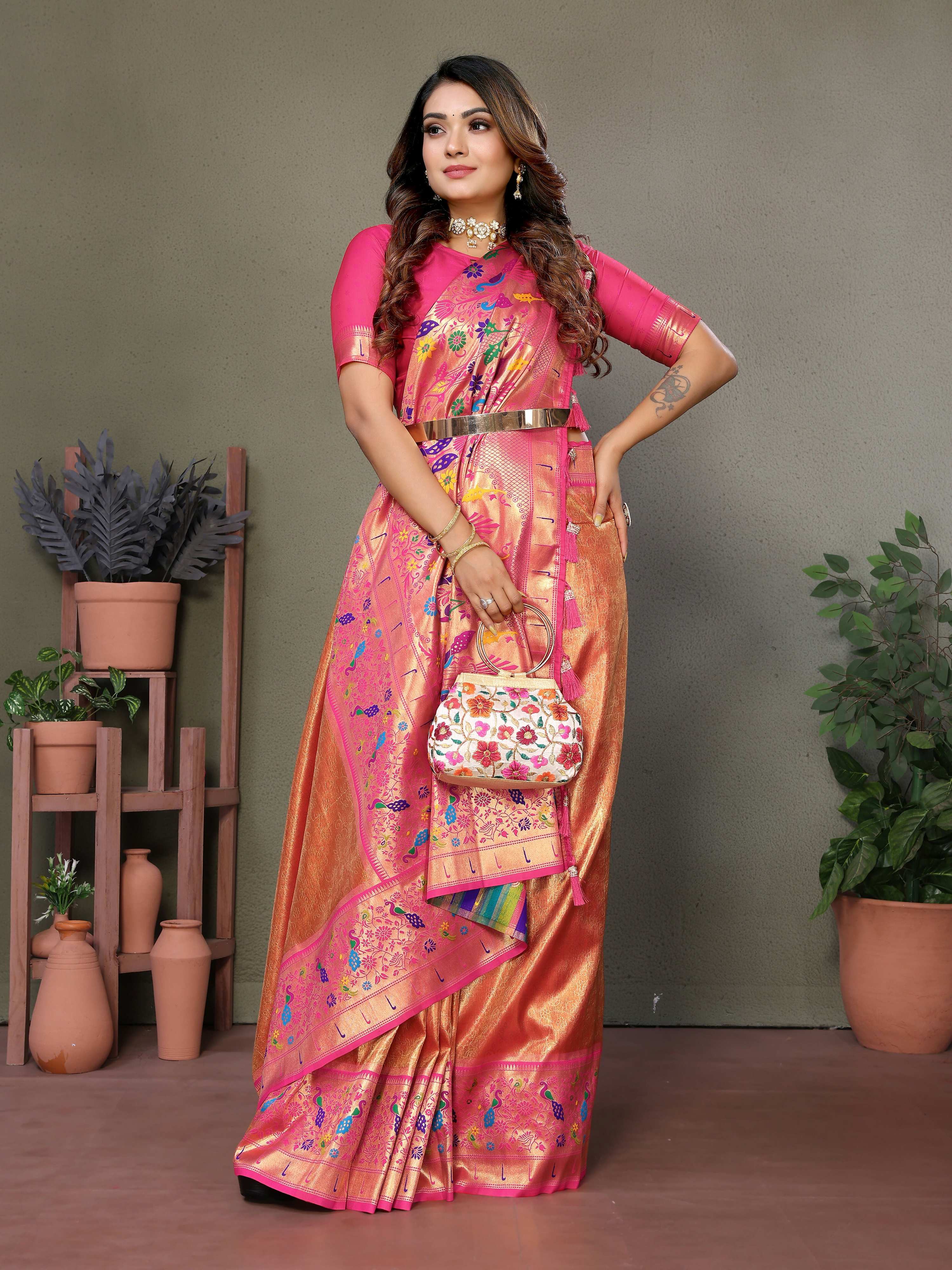 Aastha Fashion Orange Tissue Silk Paithani Woven Saree - Distacart