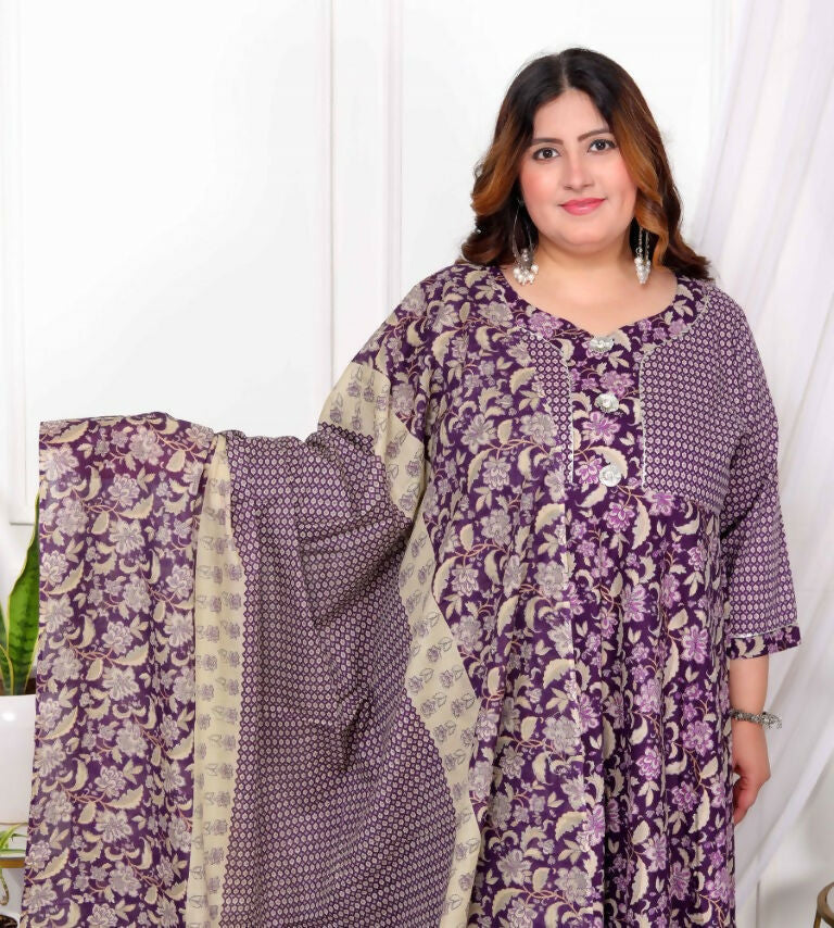 Miravan Women's Plus Size Purple cotton Floral Gota Lace Work Anarkali Kurta And Dupatta