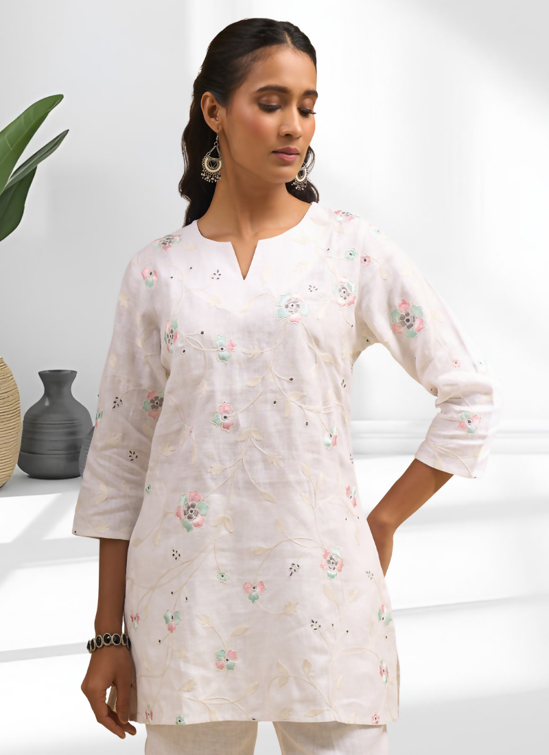 Joban Fashion Off White Linen Embroidered Readymade Cord Set - Distacart