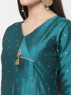 Myshka Green Silk Solid 3/4 Sleeve V Neck Casual Anarkali Kurta Dupatta Set