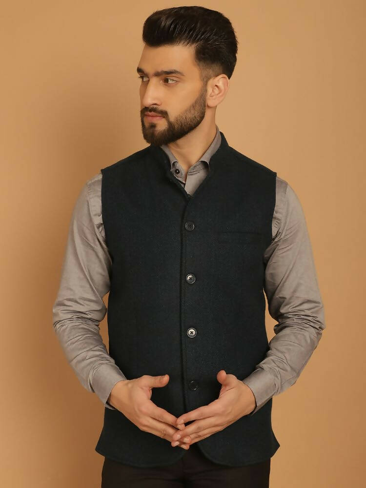 Even Apparels Pure Wool Nehru Jacket - Green