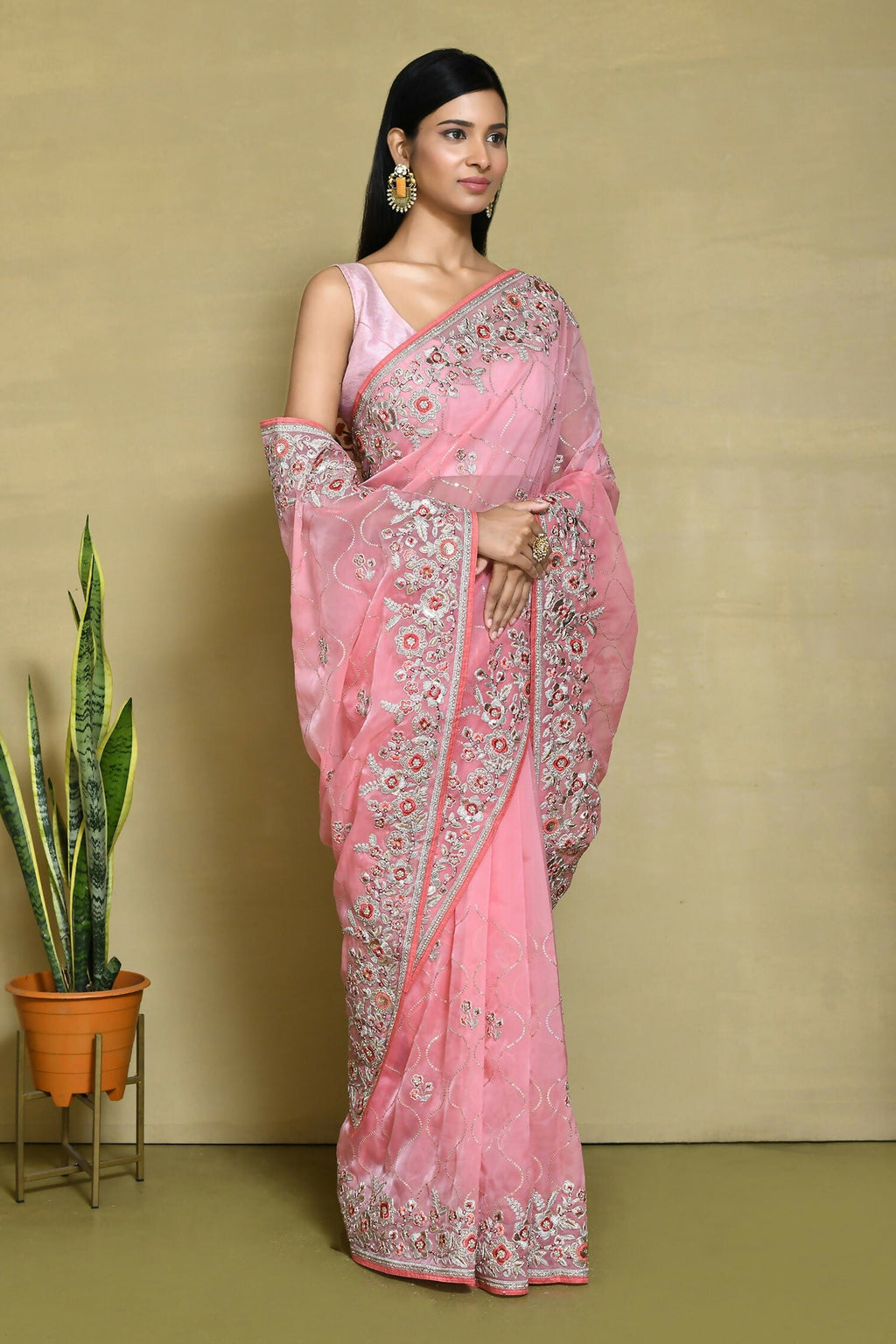 Pink Organza Satin Silk Sequence Embroidered with Stone work Saree - Nimaya Benzy