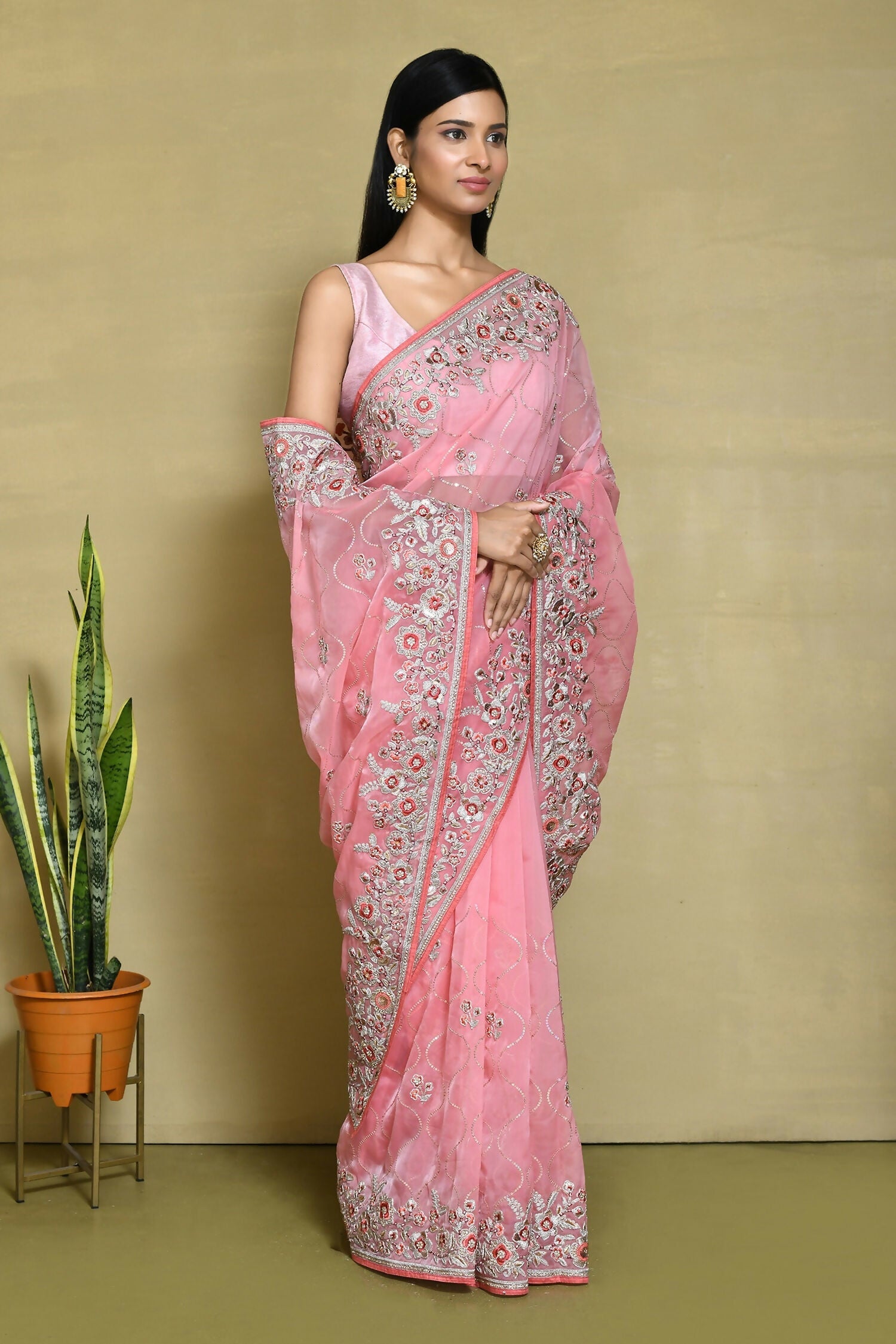 Pink Organza Satin Silk Sequence Embroidered with Stone work Saree - Nimaya Benzy