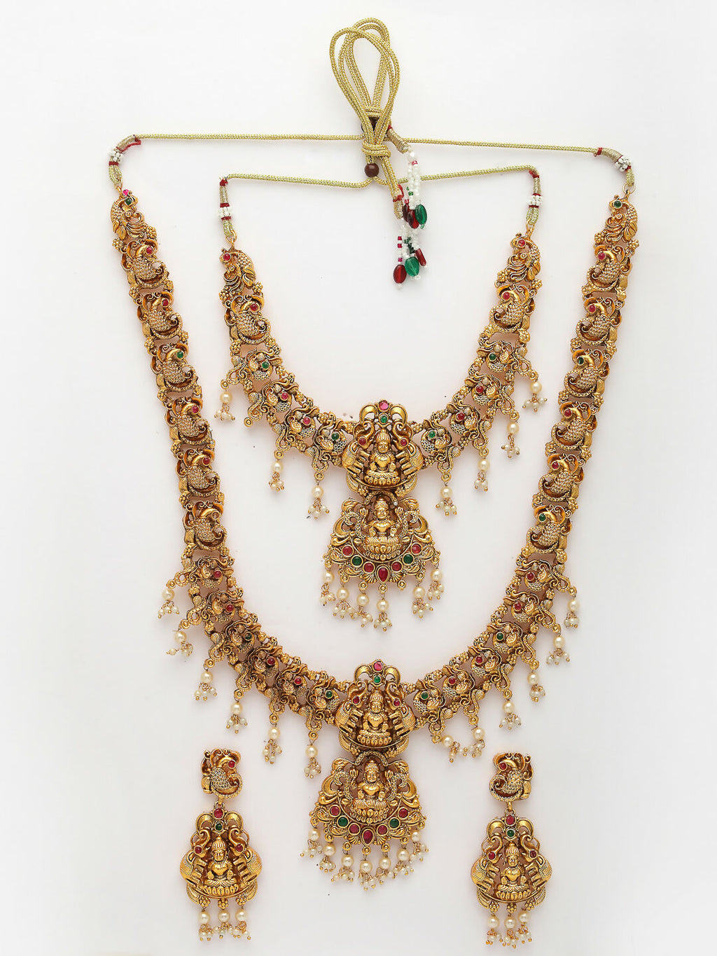 NVR Women's Set of 2 Gold-Polished Green & Red Stone Studded Lakshmi Design Temple Jewellery Set