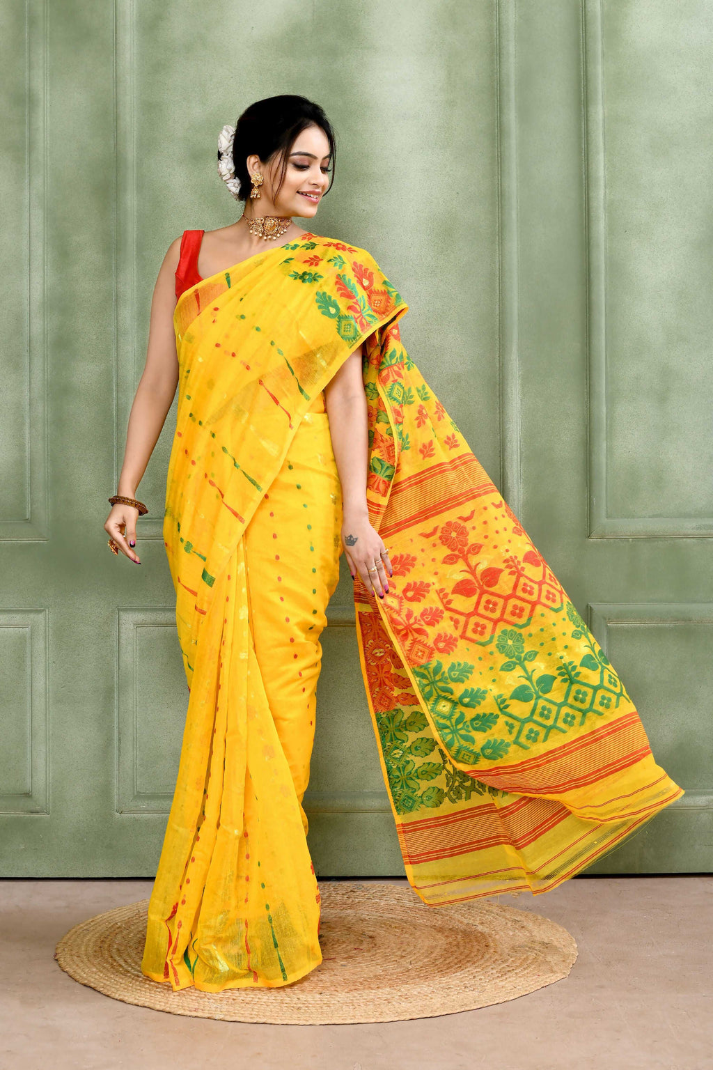 Piyari Fashion Women's Yellow Embellished Cotton Blend Jamdani Saree - Distacart