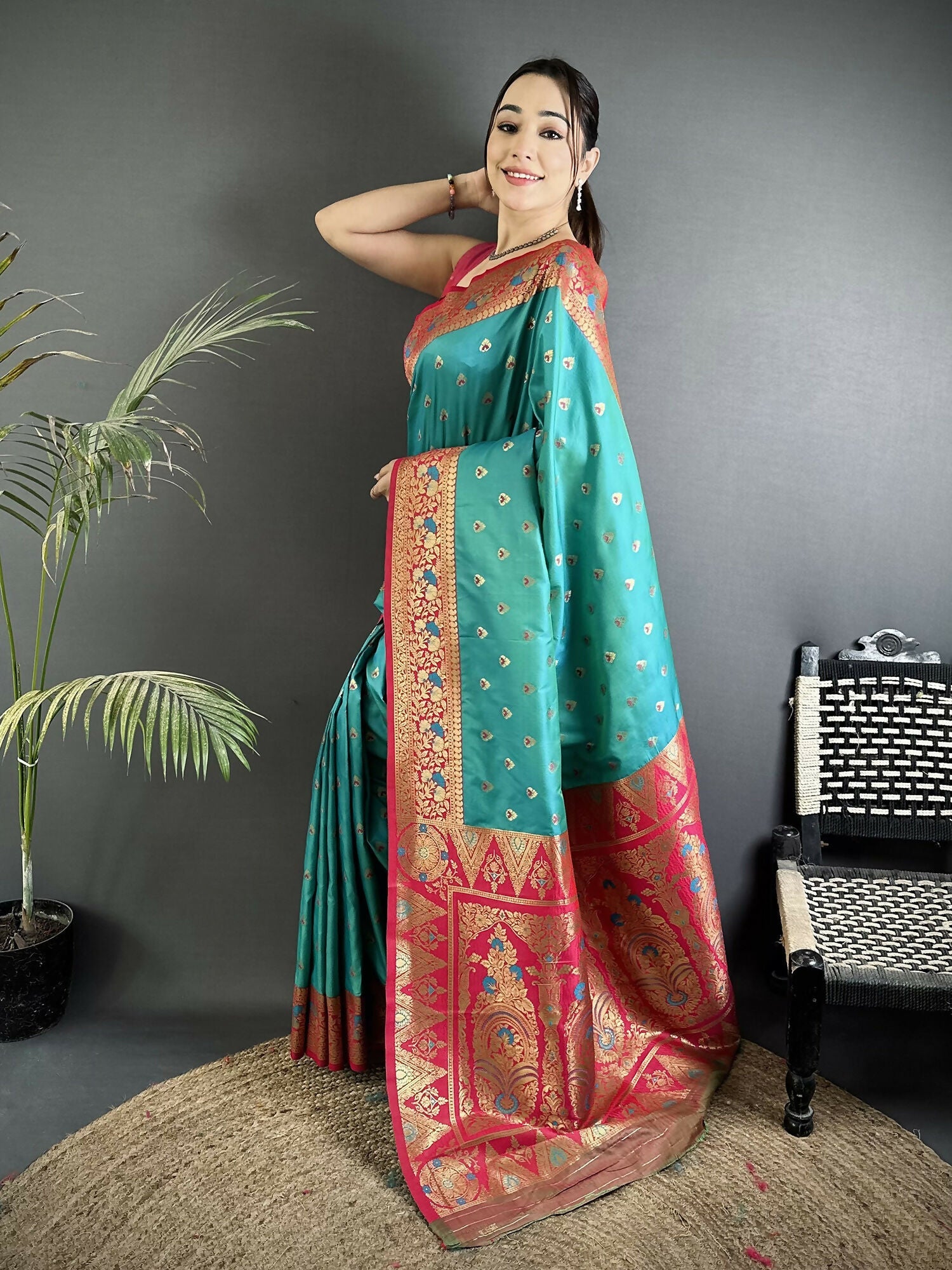 Joban Fashion Teal Blue Intricate Motifs Soft Silk Banarasi Saree