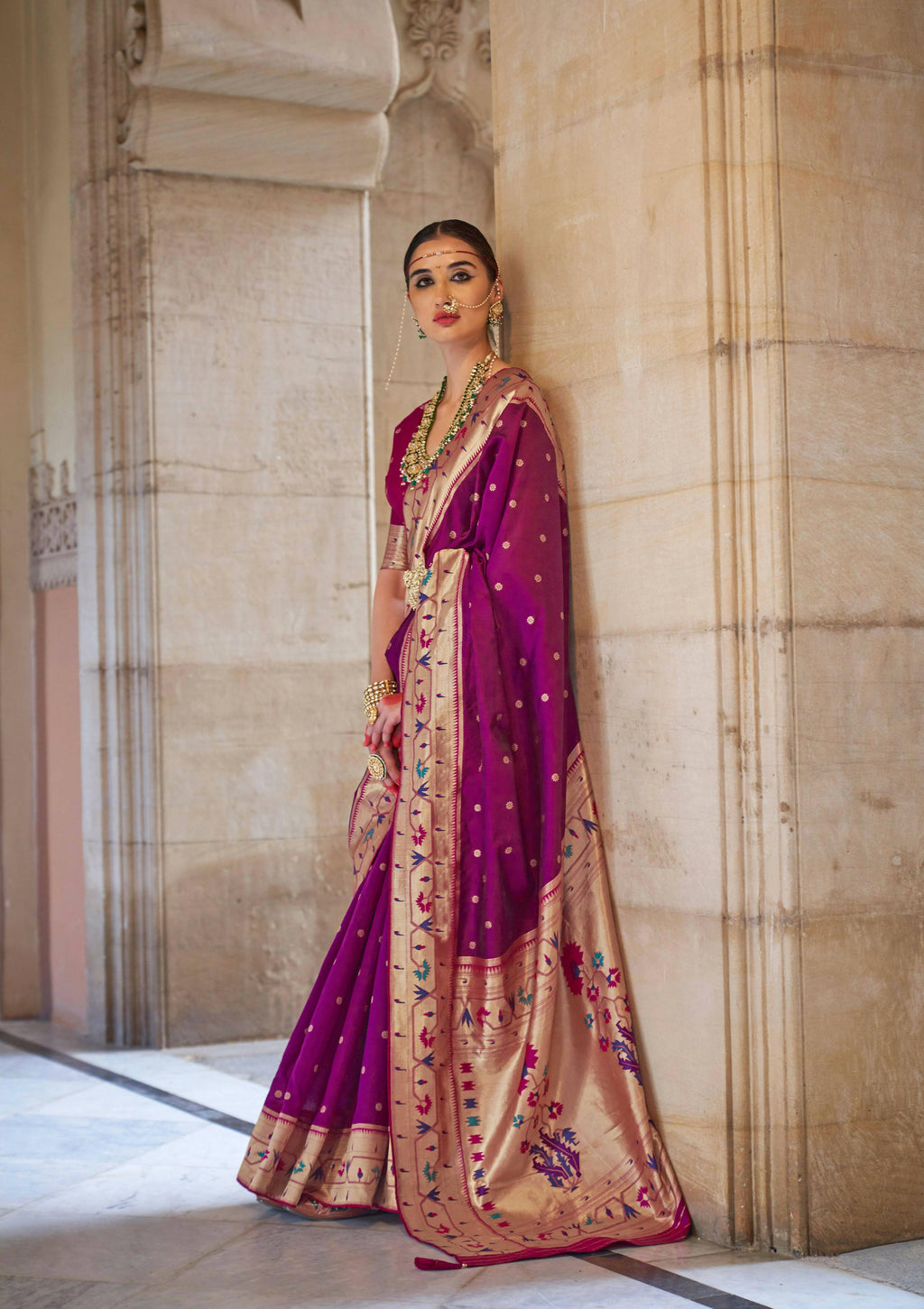 Mulberry Wood Purple Soft V.P. Silk Magnum Finish, Weaving, Golden Zari Paithani Silk Saree - Rath Kadampalli