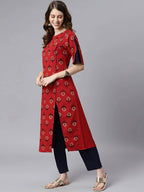 Janasya Maroon & Navy Blue Ethnic Motifs Printed Kurta with Trousers - Distacart