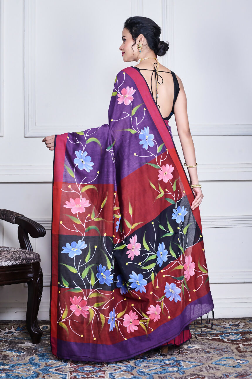 Morchari Multicolour Cotton Handloom Mirror Work Saree Unstitched Blouse - Distacart