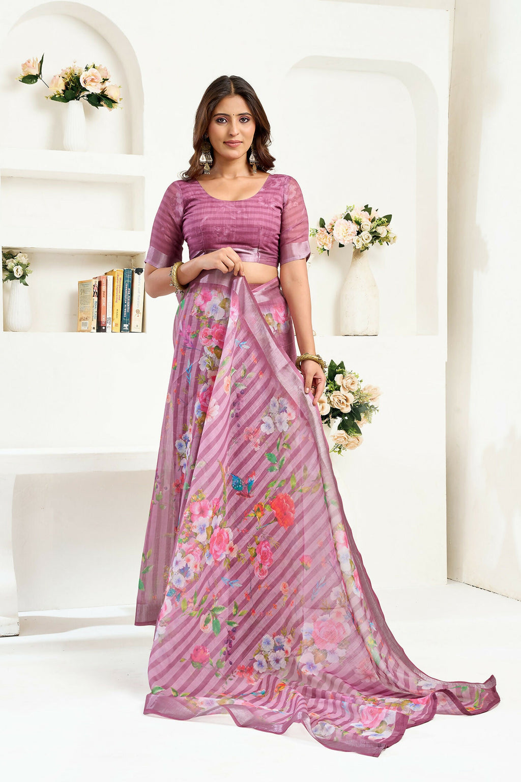 Joban Fashion Dusty Wine Floral & Striped Linen Ready To Wear Saree With Unstitched Blouse - Distacart