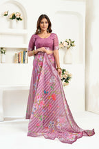 Joban Fashion Dusty Wine Floral & Striped Linen Ready To Wear Saree With Unstitched Blouse - Distacart