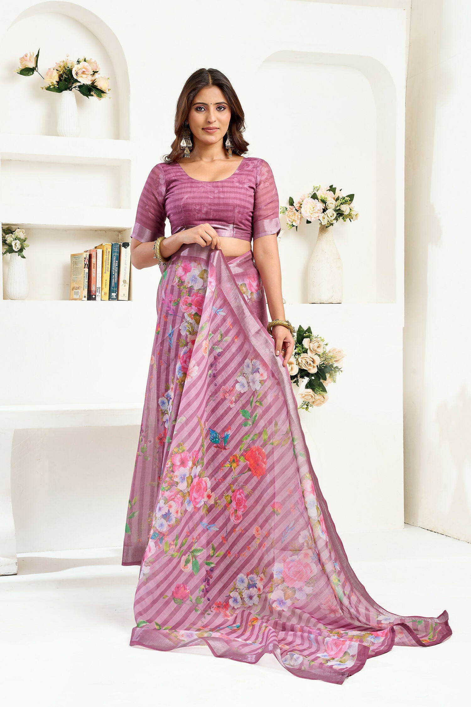 Joban Fashion Dusty Wine Floral & Striped Linen Ready To Wear Saree With Unstitched Blouse - Distacart