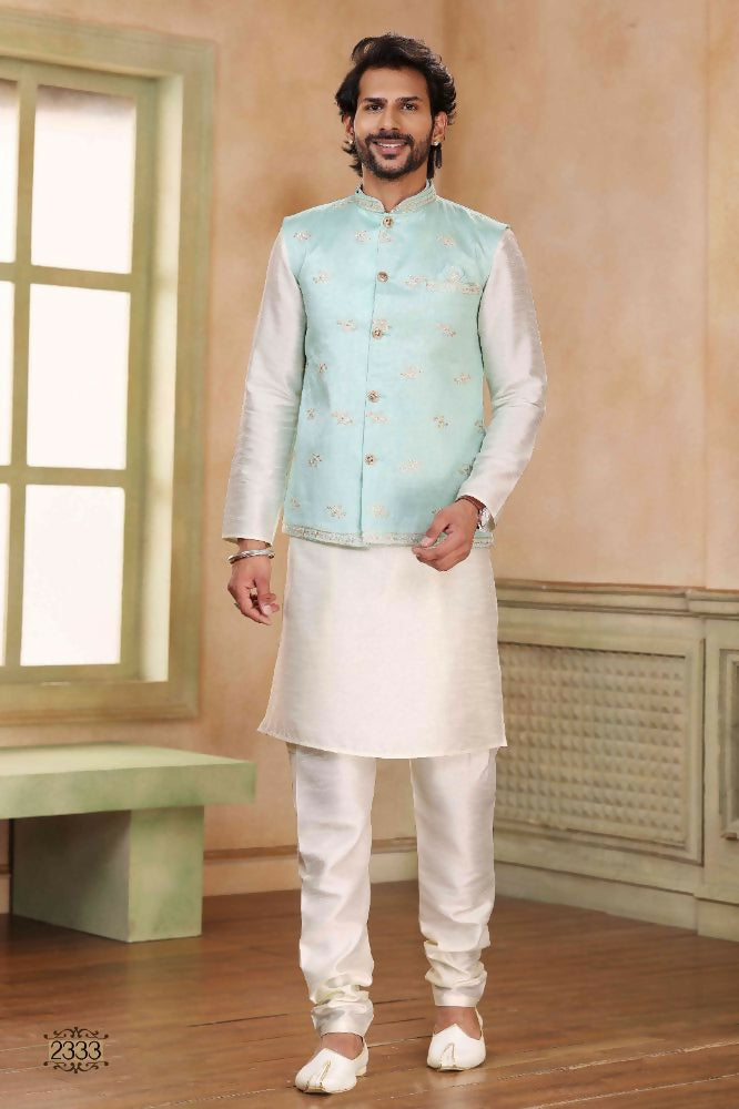 Raivat Ethnic Jacquard Banarasi Silk Woven Work 3 Pics Jacket Set In Pista Green Colour - Distacart
