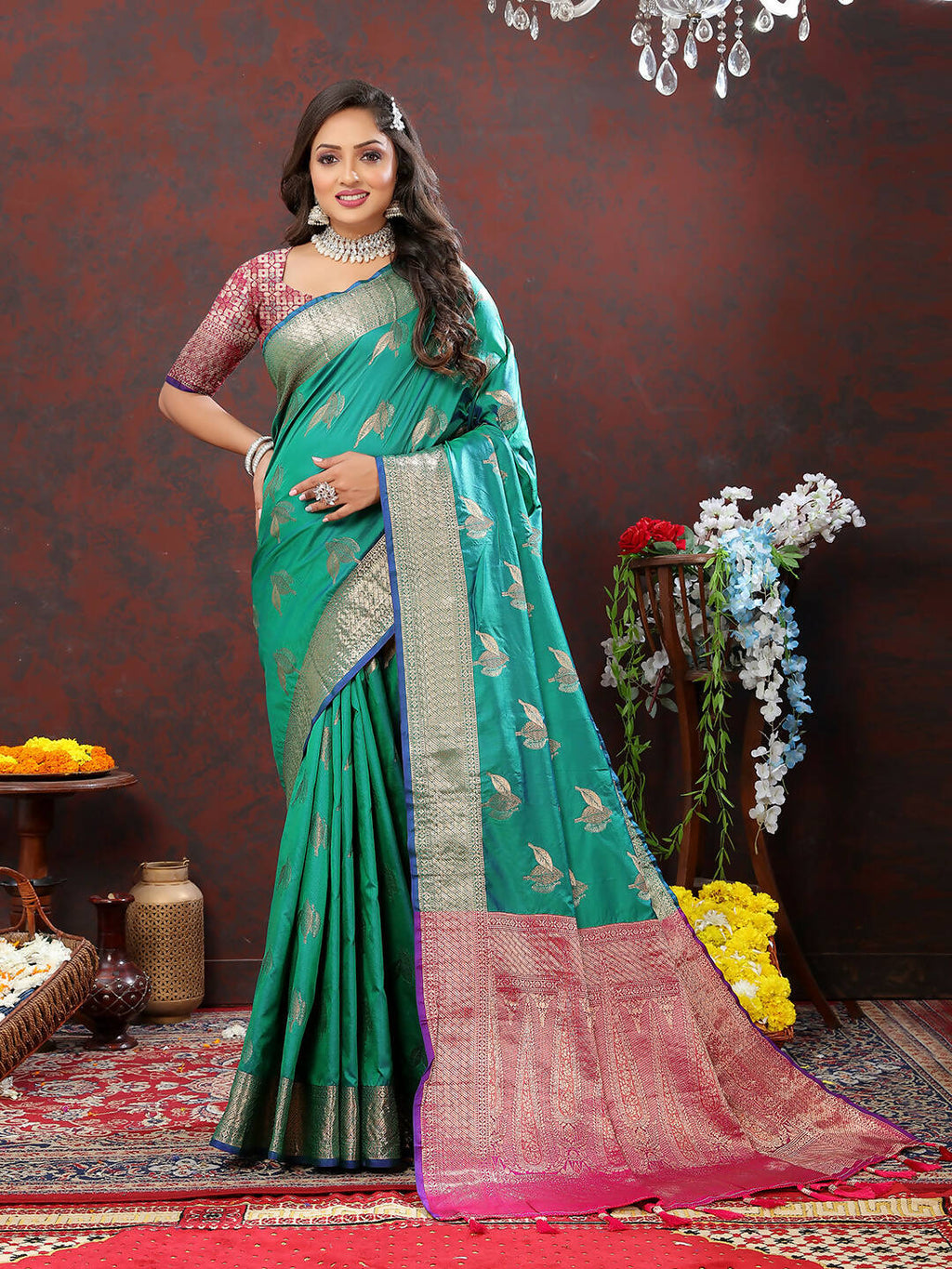 Lorenvalley Fashion Teal Soft Silk Woven Design Zari Weaving Saree