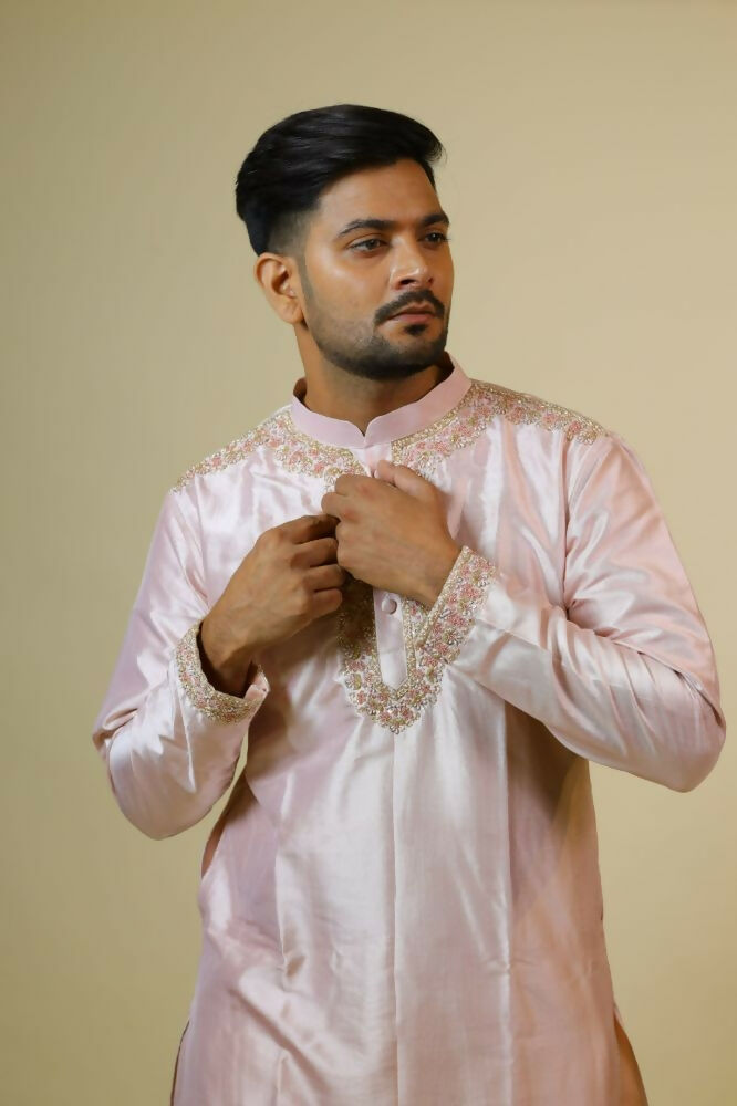 Light Coral Embroidered Collar Designer Kurta by Hilo Design
