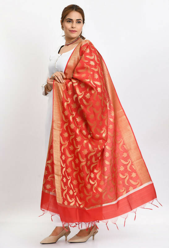 Mominos Fashion Moeza Women's Banarsi Silk Floral Woven Design Red Dupatta - Distacart