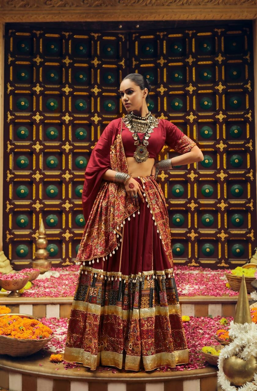 Teeya Creation Maroon Colour Rayon Silk Digital Print Fully Stitched Navratri Lehenga